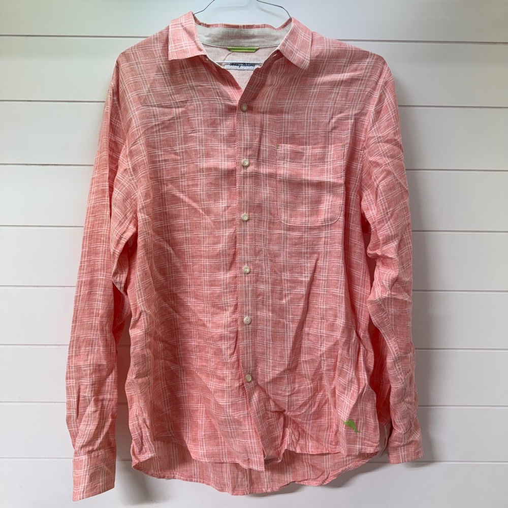 Tommy Bahama Mens Large Coral Pink Plaid Linen Blend Long Sleeve Button Down